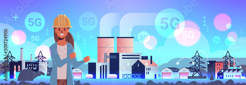 female engineer working on manufacturing factory 5G online wireless system connection industrial zone plant with pipes power station production technology concept horizontal portrait flat vector