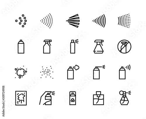 Spray line icons. Can with cleaning aerosol, outline hand with sprayer, disinfectant deodorant and perfumes. Vector isolated set black symbols cans sprayer for cleaning house or pest control