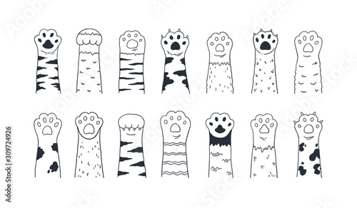 Cat paws. Cute hand drawn dog or kitten claws and paws, cartoon funny kitty and puppy animal foot. Vector set isolated drawings graphics black sketch paw pets on white background