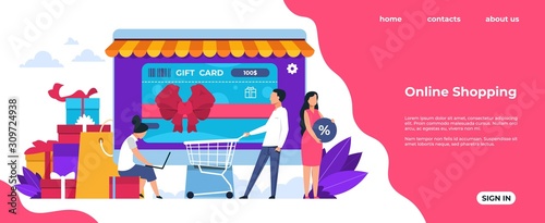 Shopping landing page. Online and mobile purchasing, cartoon people characters at shop or market. Vector online shopping webpage illustration how to modern isometric shops purchasing photo
