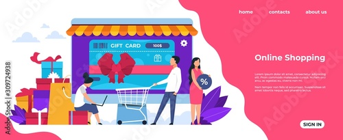 Shopping landing page. Online and mobile purchasing, cartoon people characters at shop or market. Vector online shopping webpage illustration how to modern isometric shops purchasing