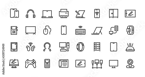 Computers line icons. Desktop PC, laptop and network station pictograms, tablet computer and electronic hardware. Vector set icon mobile devices and pictograms computing equipment