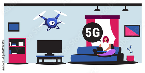 woman using laptop 5G online chat bubble communication fifth innovative generation of internet connection concept drone flying in living room full length horizontal vector illustration