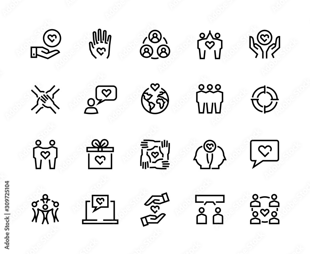 Friendship line icons. Charity and partnership, business assistance and communication concept. Vector community relationship friends flat icon for social cooperating app communities Friendship line icons. Charity and partnership, business assistance and communication concept. Vector community relationship friends flat icon for social cooperating app communities