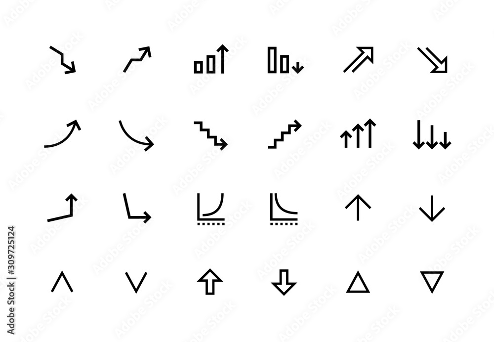 Increase and decrease line icons. Growth and fall symbols for web page and application UI. Vector up and down editable set business profit and loss Increase and decrease line icons. Growth and fall symbols for web page and application UI. Vector up and down editable set business profit and loss