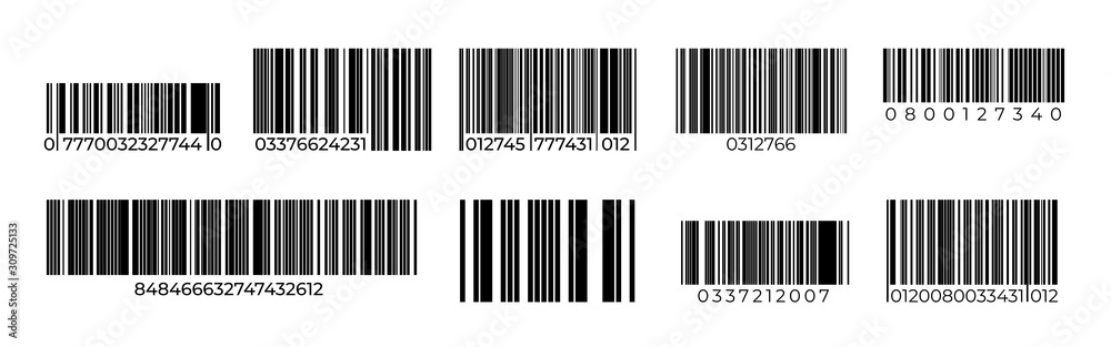 Barcodes. Product identification stripped sign, digital mark for laser check and supermarket price label. Vector retail tracking symbols set, sample bar retail sticker labels packaging for scan reader Barcodes. Product identification stripped sign, digital mark for laser check and supermarket price label. Vector retail tracking symbols set, sample bar retail sticker labels packaging for scan reader