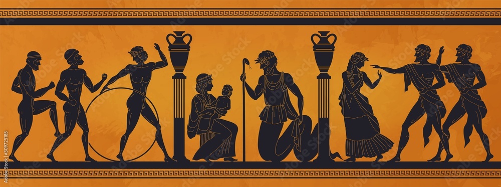 Ancient Greece mythology. Antic history black silhouettes of people and gods on pottery. Vector archeology pattern mythological culture on ceramics illustration <span>plik: #309725185 | autor: SpicyTruffel</span>