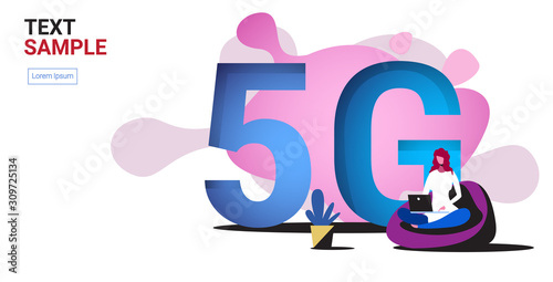 woman using laptop 5G online communication fifth innovative generation of internet connection concept girl sitting lotus pose in bean bag full length horizontal copy space vector illustration