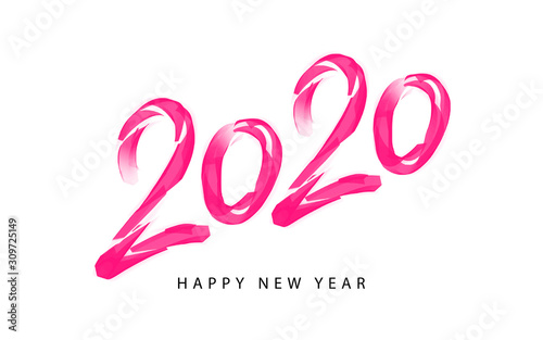 2020 happy new year card, banner. Creative holiday poster. Hand drawn design pink numbers. Handwritten modern brush lettering background isolated vector. Style neo-geometric conceptualism.