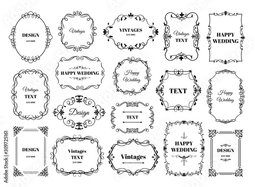 Vintage frame label. Ornamental logotypes with decorative floral retro elements. Vector antique frames for wedding invitation cards, beautiful ornate illustration border with old patterns