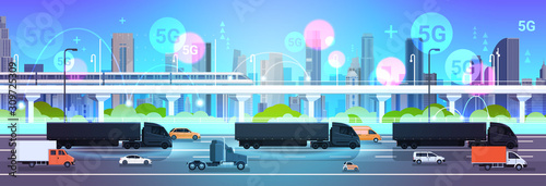 car driving city road 5G online wireless system connection concept modern cityscape background delivery logistics transportation horizontal vector illustration