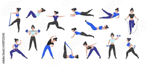 Fitness workout. Cartoon woman character doing sport exercises and training in gym, isolated female character. Vector set isolated illustration active women in fitness lifestyle