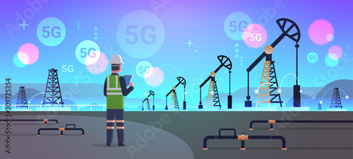 engineer refinery worker using tablet 5G online wireless system connection oil pump rig energy industrial zone oil drilling fossil fuels production concept horizontal full length vector illustration
