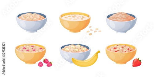 Oat bowls. Cartoon porridge with strawberries and bananas, boiled cereals and healthy food. Vector flat cooking oatmeal cereal seeds bowls on white