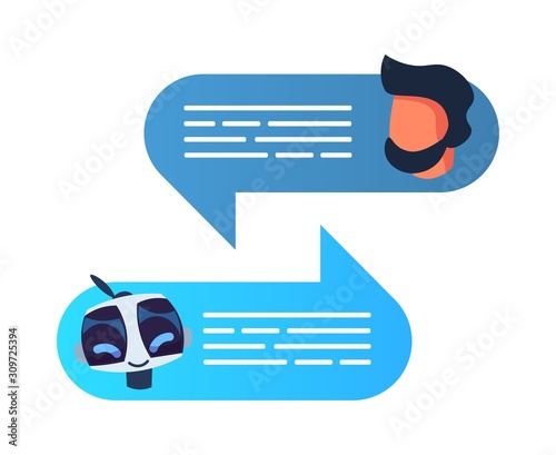 Chatbot robot concept. Dialog help service. Artifical intelligence customer support. Vector flat illustration characters icon robotic services social help bot