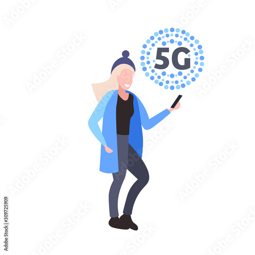 woman using smartphone 5G online communication fifth innovative generation of internet connection concept smiling girl holding cellphone full length vector illustration