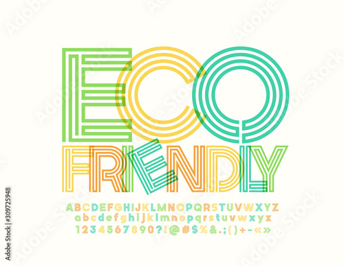 Vector stylish Emblem Eco Friendly. Set of bright watercolor Letters, Numbers and Symbols. Transparent creative Font.