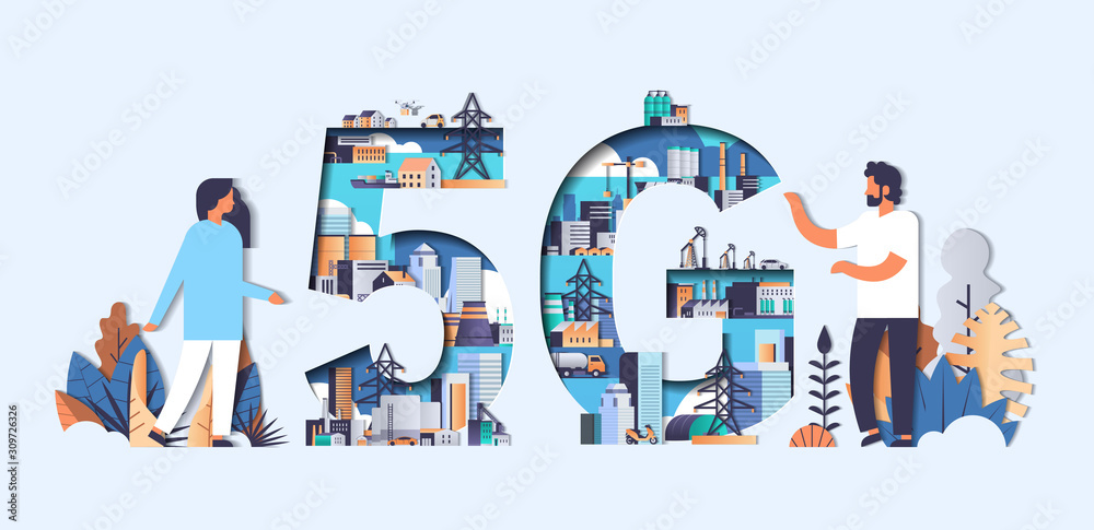 couple discussing 5G online wireless system connection industrial zone power station production technology concept full length paper cut style horizontal vector illustration