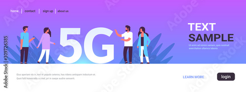people discussing during meeting using 5G online wireless system connection fifth innovative generation of high speed internet concept full length horizontal copy space vector illustration