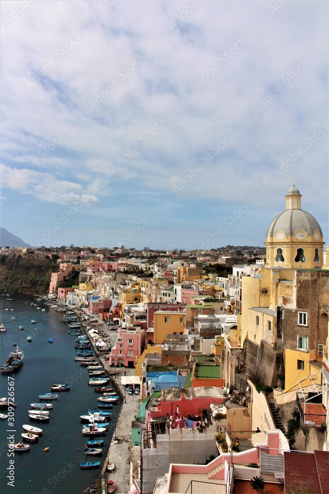Procida island in Italy. Nice view to colorful houses from viewpoint.