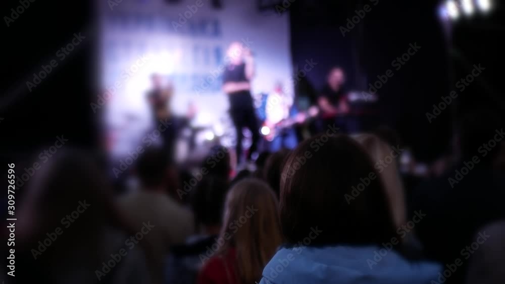 Celebration in holiday feast. Night music concert- performance of a musical group. Colorful illumination. Fans people crowd Celebration in holiday feast. Night music concert- performance of a musical group. Colorful illumination. Fans people crowd