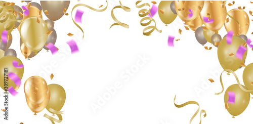 Yellow balloons on the upstairs with Gold confetti  and Merry christmas wallpaper and Happy New background
