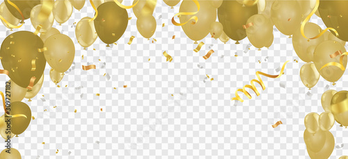Yellow balloons on the upstairs with Gold confetti  and Merry christmas wallpaper and Happy New background