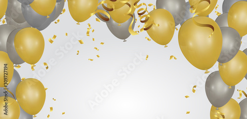 Yellow balloons on the upstairs with Gold confetti  and Merry christmas wallpaper and Happy New background