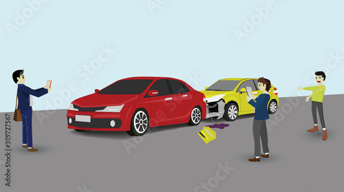 Car crash at the end of the road. Insurance officers come to inspect and record information. The wrong side of the driver was in a bad mood. The driver's side was taken and recorded.