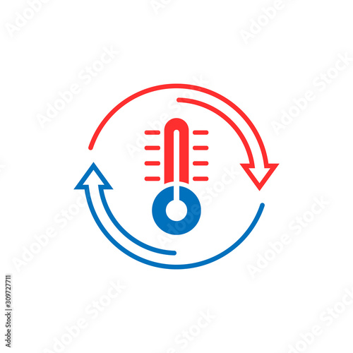 Thermometer climate control icon in flat style. Meteorology balance vector illustration on white isolated background. Hot, cold temperature business concept.