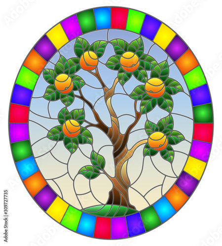 Illustration in stained glass style with an orange tree standing alone on a hill against the sky