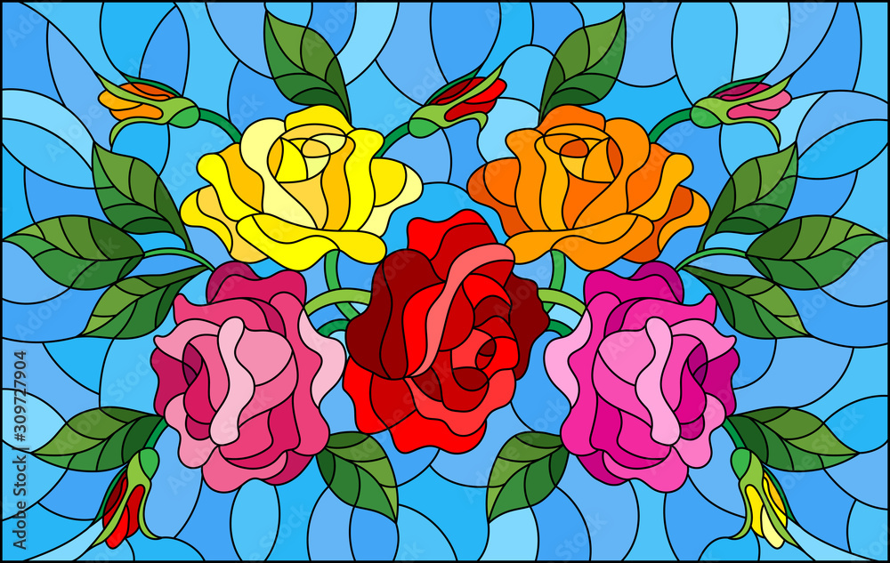 Illustration in stained glass style with flowers, buds and leaves of roses on a blue background Illustration in stained glass style with flowers, buds and leaves of roses on a blue background
