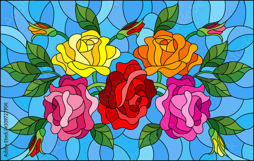 Illustration in stained glass style with flowers  buds and leaves of  roses on a blue background 
