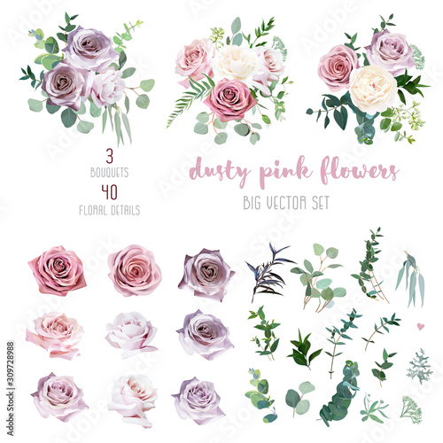Dusty pink and mauve antique rose, lavender and pale flowers, eucalyptus