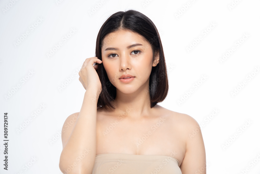 Beautiful Young Asian Woman short hair  with Clean Fresh Skin. Face care, Facial treatment, Cosmetology, beauty and healthy skin and cosmetic ideas concept.