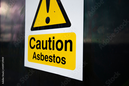 Asbestos warning sign, set of six naturally occurring silicate minerals made of microscopic fibres harmful when breathed in