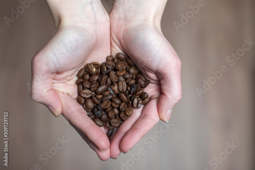 Kaffeebohnen in den Händen gehalten von oben fotografiert