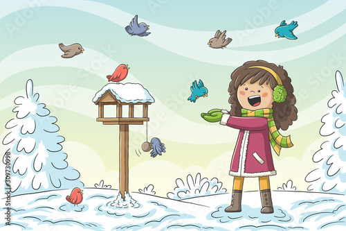 Girl feeds birds in winter. Hand drawn vector illustration with separate layers.