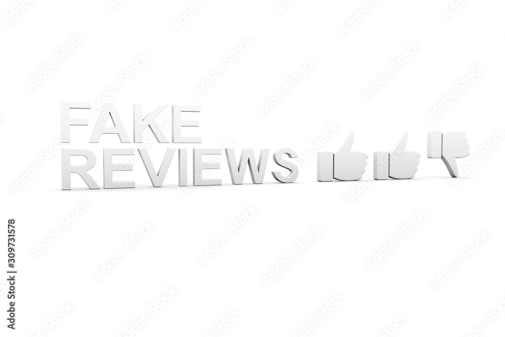FAKE REVIEWS concept white background 3d render illustration