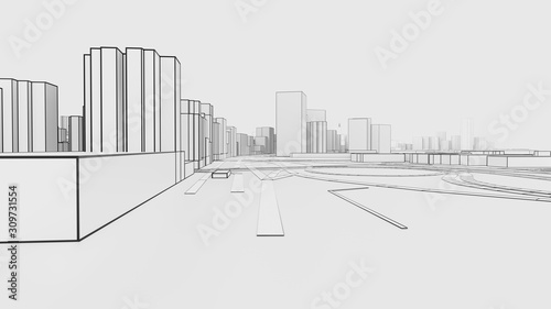 Sketch of a 3D white city with buildings and roads