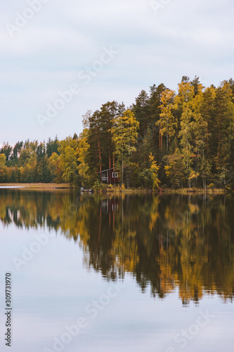 Autumn forest and lake reflection house in woods landscape in Finland Travel serene scenic view scandinavian wilderness nature