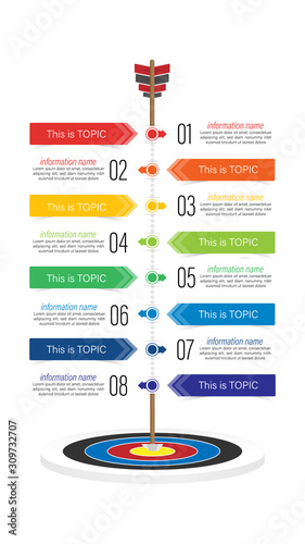 Infographic design target to achieve goals concepts can be used for workflow layout, diagram, number options, web design. Infographic business concept with 8 option, parts, steps or processes. 