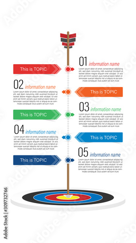 Infographic design target to achieve goals concepts can be used for workflow layout, diagram, number options, web design. Infographic business concept with 5 option, parts, steps or processes. 