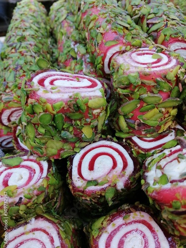 Turkish delight covered with pistachio