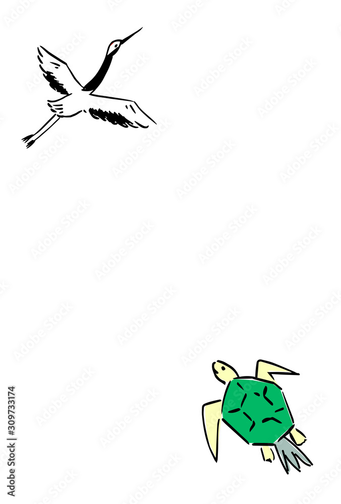 はがきテンプレート 鶴 亀 背景 イラスト 手描き Stock Vector Adobe Stock
