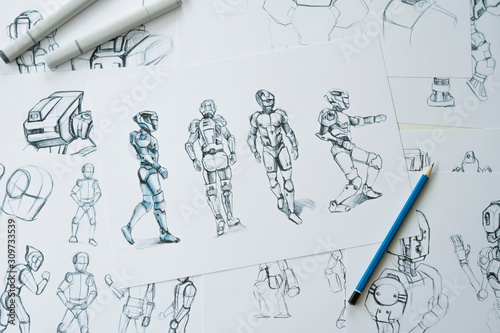 Animator designer Development designing drawing sketching development creating graphic pose characters sci-fi robot Cartoon illustration animation video game film production , animation design studio. photo