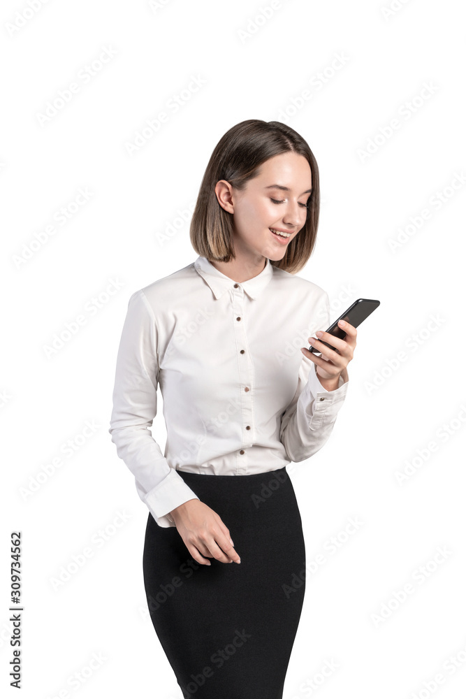 Smiling businesswoman with smartphone, isolated Smiling businesswoman with smartphone, isolated