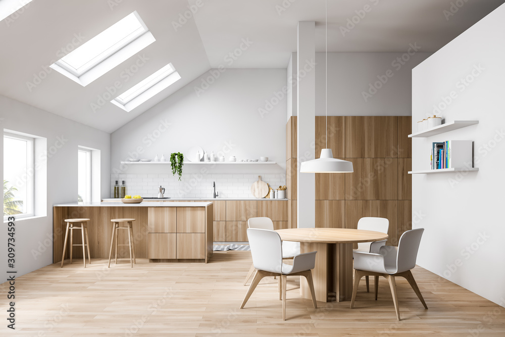 Attic white kitchen with bar and dining table