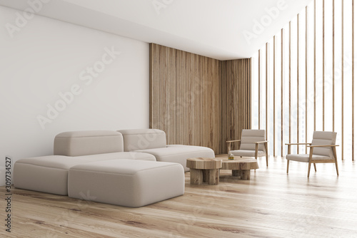 White attic living room corner, sofa and armchairs