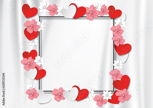 Black frame with flowers and heart On white cloth with wrinkles, vector illustration